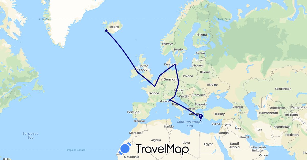 TravelMap itinerary: driving in Czech Republic, Denmark, France, Greece, Ireland, Iceland, Italy, Netherlands (Europe)